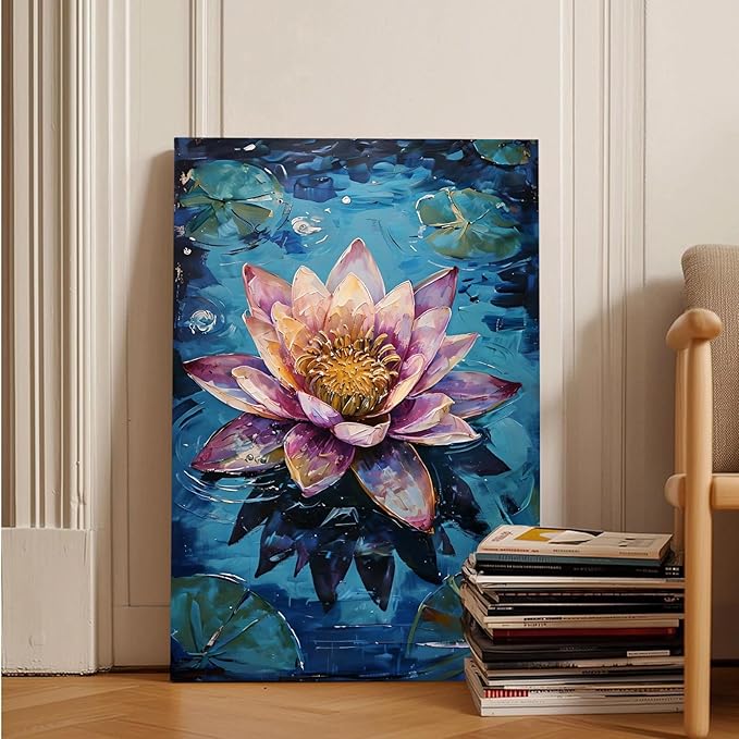 Gorgeous pink and purple water lilies on deep blue water Eye-catching oil painting Serene aquatic wall art for modern home decor 20x30in Frameless