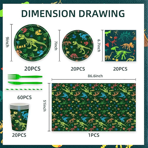 141pcs Dinosaur Birthday Decorations Kit Dinosaur Party Decorations with Trex Dino Plates, Cups, Forks, Knives, Straws,Napkins,Tablecloth for Boys Dino Themes Party Supplies Suitable for 20 Guests