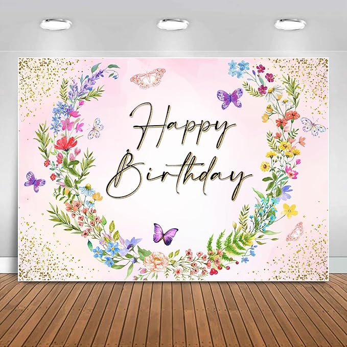 Sensfun Wildflower Happy Birthday Backdrop Banner Wild Flower Birthday Decorations,Spring Floral Butterfly Photography Background for Girls Wildflower One Birthday Party Decor Photo Booth Props 5x3ft