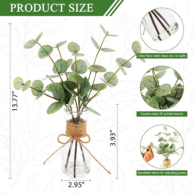 ALAGIRLS Artificial Eucalyptus Stems in Glass Vase with Faux Water,3pcs 13.77" Fake Eucalyptus Plant with Realistic Green Leaves,Plastic Plant Indoor Decor for Bathroom,Living Room,Office