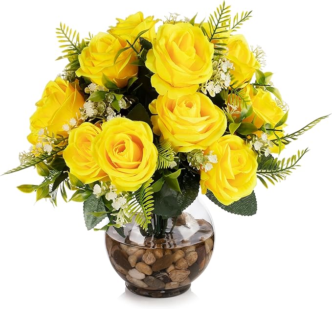 ENOVA FLORAL 18 Heads Silk Rose Artificial Flowers in Vase,Faux Rose Flowers Arrangement in Round Bowl Vase with Faux Water and River Rock for Table Decor Centerpieces (Yellow)