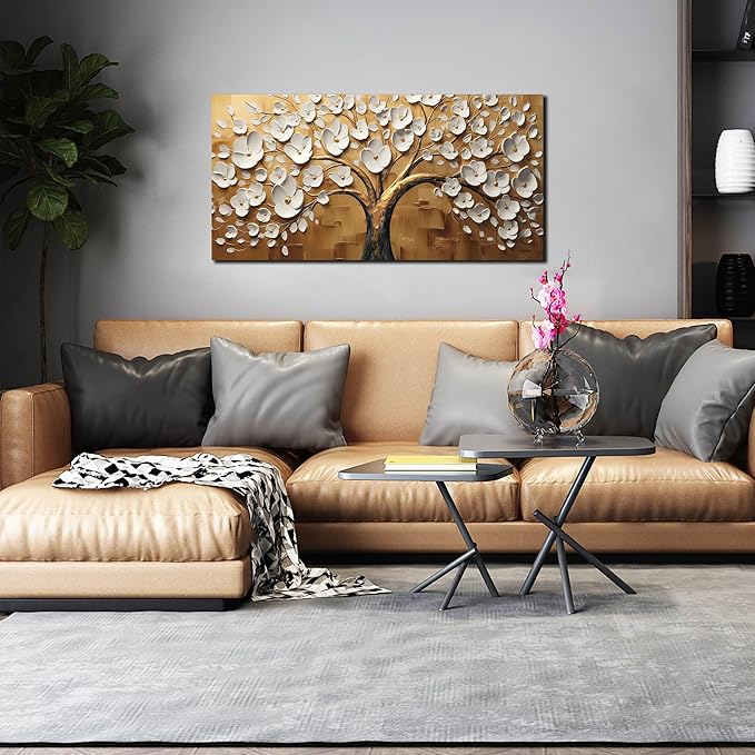 Large Wall Art for Living Room Bedroom Office Tree Art Wall Decor Gold Artwork Tree of Life Wall Art White Flower Framed Wall Decor Modern Canvas Prints 20x40 In