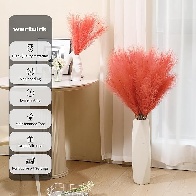 9 Stems Orange Pampas Grass - 38 Inch Tall Faux Pompous Grass Decor, Large Artificial Pompas Floral for Vase Filler, Wedding, Party and Fall Home Decor (Orange)