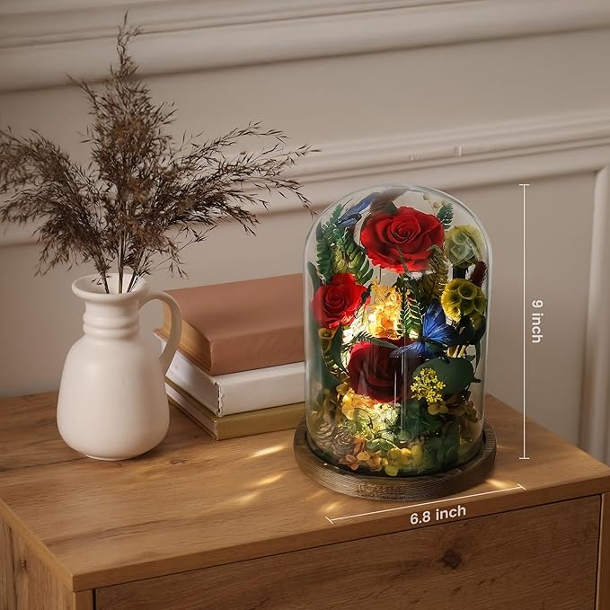NOVEINN Preserved Flowers in Glass Dome - Eternal Rose Arrangement with Real Preserved Plants, Romantic Forever Rose Gift for Women - Anniversary, Birthday, Mother’s Day, Home Decor(Red)