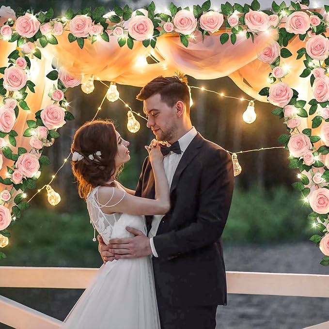 4 Pcs Flower Garland with 39.2 Ft Lights, 26.4 Ft Pink Floral Garland Fake Flowers for Wedding Arch Party Wall Garden Room Decor