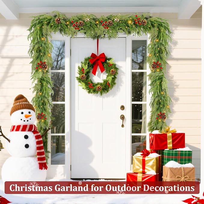 6 Ft by 10 Inch Prelit Christmas Garland with Lights Timer 8 Modes, Real Touch Norfolk Pine Garland 100 Pine Cypress Tips Pinecones Berried Cedar Garlands Thick Greenery Garlands for Home Table Mantle