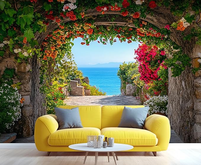 Mediterranean Arch Seaside Wall Mural, Flower Tunnel Ocean View 3D Wall Murals, Greek Island Style Wallpaper Mural, for Living Room Bedroom Large Wallpaper Indoor Decor 118" W x 82.6 "H