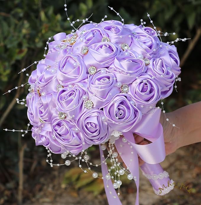 Bridal Wedding Bouquet Round Bling Brooch Bouquet Throw Toss Artificial Rose Flower Bunch for Bride Bridesmaid Wedding Quinceanera(Light Purple, 7.5")