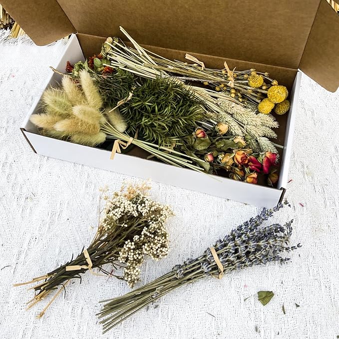 12 Kinds of Dried Flowers for Crafts Bulk DIY Natural Dried Pampas Grass Rose Lavender Babys Breath with Stems Dry Flower Bouquets with Hemp Rope Handmade DIY Ideas Home Decor Floral Arrangement