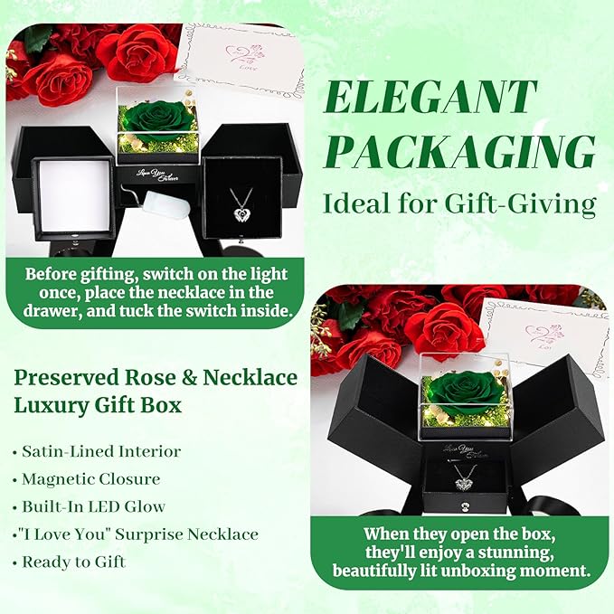 FIACO Gifts for Women Preserved Real Roses with I Love You Necklace Fresh Forever Flowers Birthday Gifts for Mom Grandma Wife Girlfriend on Anniversary Christmas Valentines Romantic Gift