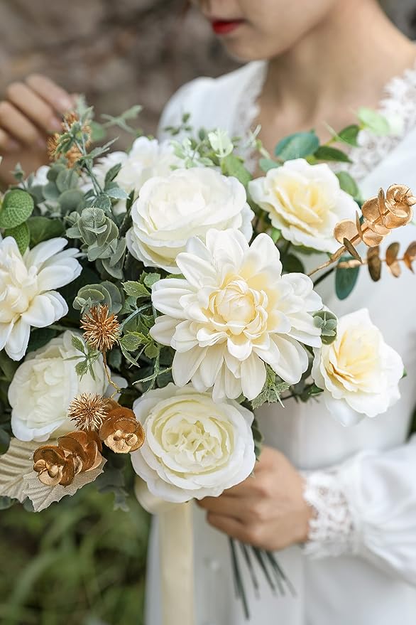 YYHUAWU Artificial Flowers Combo Box Set Gradient Color Flower Leaf with Stems for DIY Wedding Bouquets Centerpieces Baby Shower Party Home Decorations Ivory