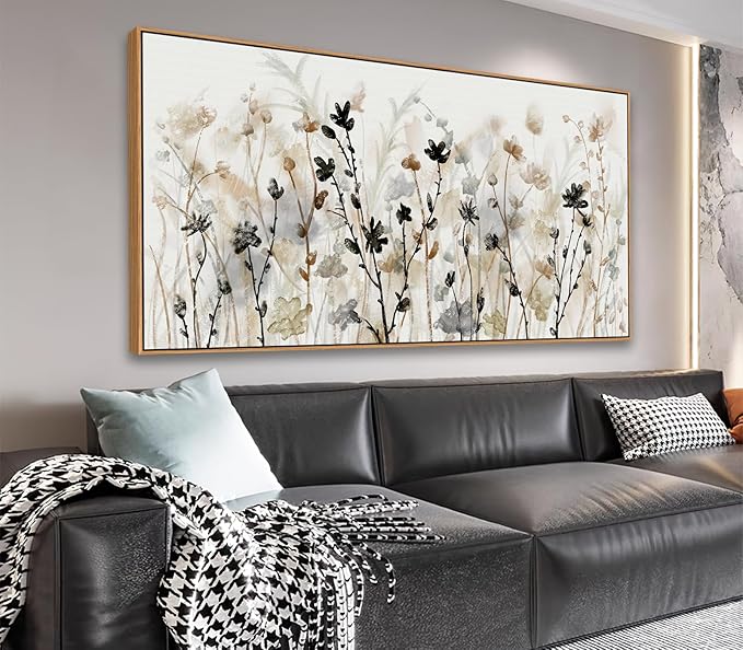 Framed Floral Wall Art Abstract Grey Cream White Grass Flowers Canvas Pictures Modern Landscape Painting Botanical Artwork for Living Room Bedroom Kitchen Office Wall Decor Ready to Hang 29"x58"