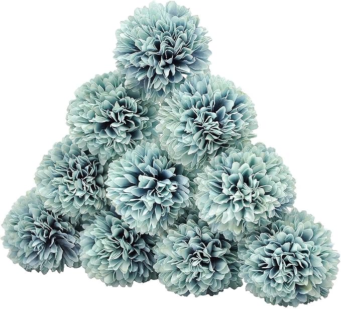 10Pcs Artificial Fake Flower Plants Silk Chrysanthemum Ball Hydrangea Arrangements Wedding Bouquets Decor Home Kitchen Garden Party Table Floral Centerpieces DIY (Grey Blue)