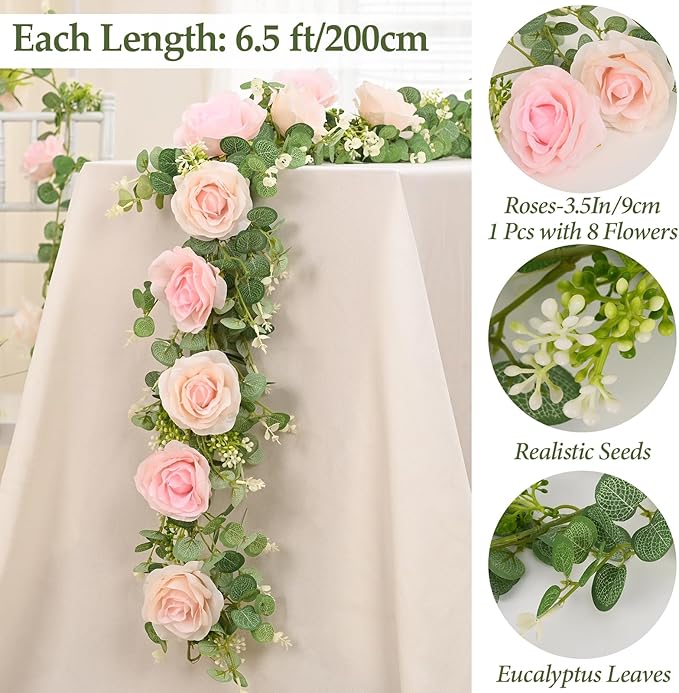 Dolicer 2Pcs 13Ft Artificial Eucalyptus Garlands with Flowers - 8 Roses, Faux Floral Greenery Garlands Fake Flowers Vines for Wedding Table Centerpieces Arch Party Ceremony Backdrop Decor (Pink)
