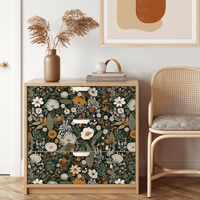 Peel & Stick Wallpaper: Floral Bedroom Wallpaper 17.71x118.1Inch Vintage Boho Wild Flower Daisy Removable Watercolor Multicolor