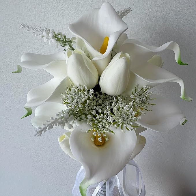 Floral Bouquet 10 Artificial Calla Lilies with 8 Artificial Tulip Flowers, Bridesmaid Bouquet with Wedding Ceremony Festivals Anniversary Bridal Rehearsal Party Bar Table Decor (White)