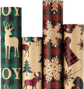RUSPEPA Christmas Wrapping Paper, Kraft Paper - Red and Green Plaids Style Designs - 4 Rolls - 30 inches x 10 feet per Roll