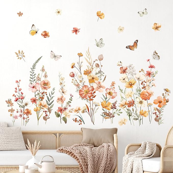 decalmile Boho Flower Wall Decals Garden Floral Butterflies Wildflower Wall Stickers Girls Bedroom Living Room Baby Nursery Wall Decor