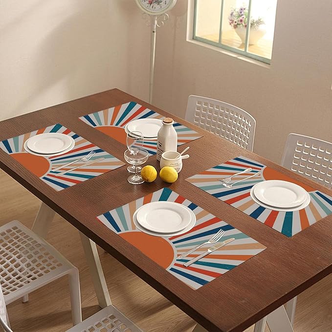 Placemats Set of 4 Retro Colourful Sunrise Place Mats Washable Table Dinner Mats Linen Table Mats for Kitchen Dining Party Home Kitchen Decor 12x18 Inch