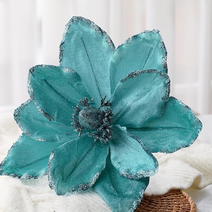 8 Pcs Large Christmas Flower Magnolia Flowers Christmas Tree Decoration Artificial Poinsettia Stems Velvet Xmas Ornaments for Xmas Tree Table Decor(Light Blue,12 Inch)