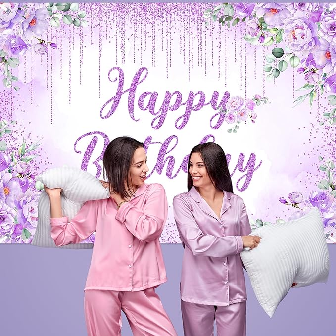 Avezano Happy Birthday Backdrop Banner for Girls Women Happy Birthday Party Decorations Floral Glitters Bday Banner Party Supplies (Purple, 7x5ft)
