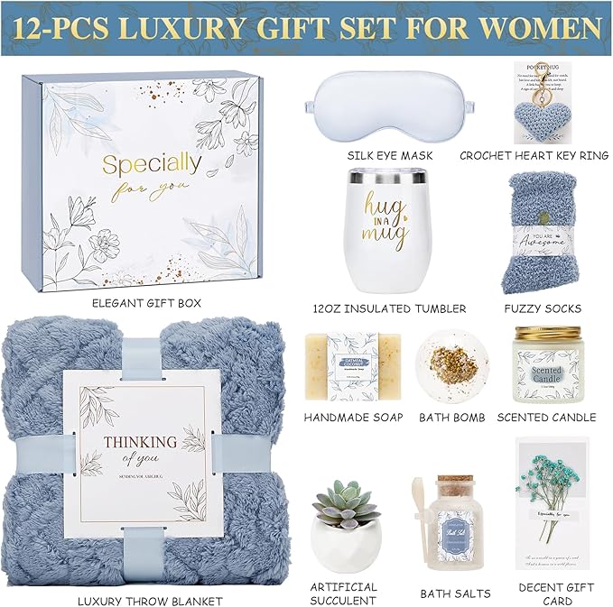 Get Well Gifts for Women Self Care Gifts Basket - Relaxing Spa Care Package After Surgery Thinking of You Birthday Gift - Feel Better Sympathy Gift Set for Her Mom Sister Friend Wife (Blue)