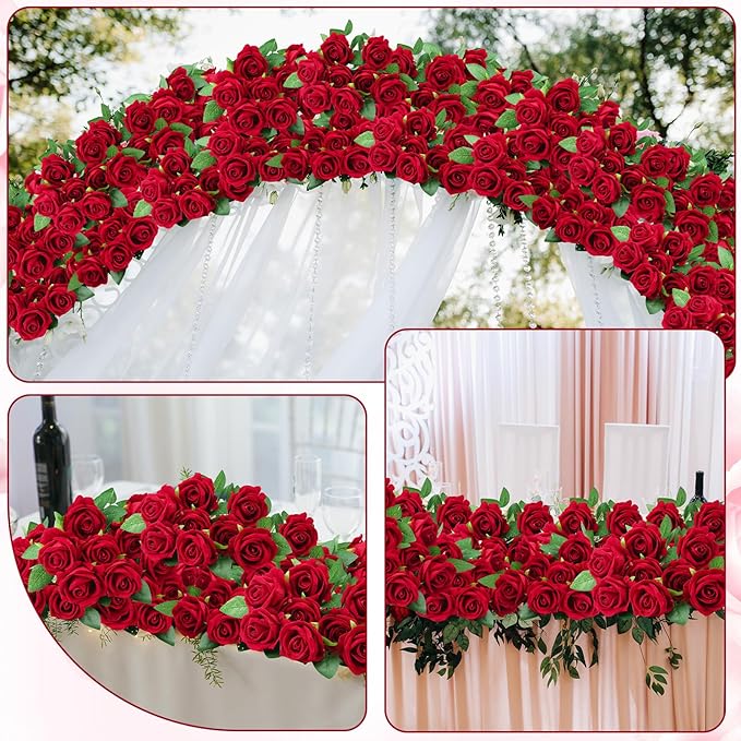 150 Pcs Roses Artificial Flowers, Silk Crimson Burgundy Artificial Flowers Petals Long Stem Roses for Wedding Bouquet Home Party Decor