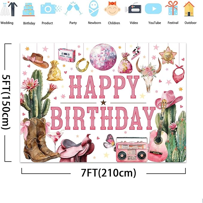 SVBright Western Cowgirl Happy Birthday Backdrop 7Wx5H Wild West Retro Brown Pink Cactus Floral Boots Hat Disco Rustic Butterfly Country Decorations Photography Background Banner Photo Booth Studio