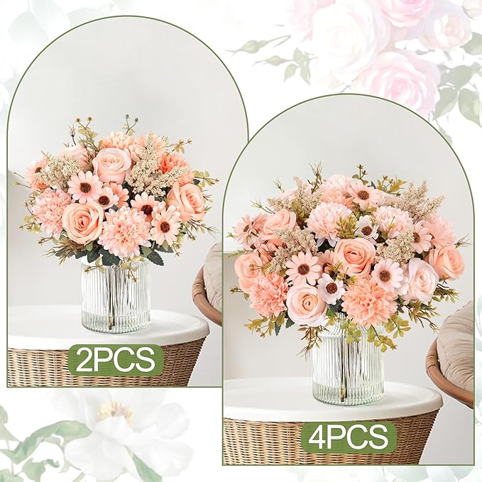 Dremisland Artificial Flowers Like Real Artificial Bouquet 2 Packs Silk Artificial Roses Bouquet with Daisy Chrysanthemum Champagne Flowers for Centerpiece Table Wedding Party Home Decor