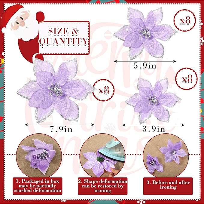 WILLBOND 24 Pcs 3 Size Poinsettia Flower Artificial Christmas Decor Glitter Poinsettia Christmas Ornaments Faux Flowers for Xmas Tree Outdoor(4/6/7.9 Inches,Purple)