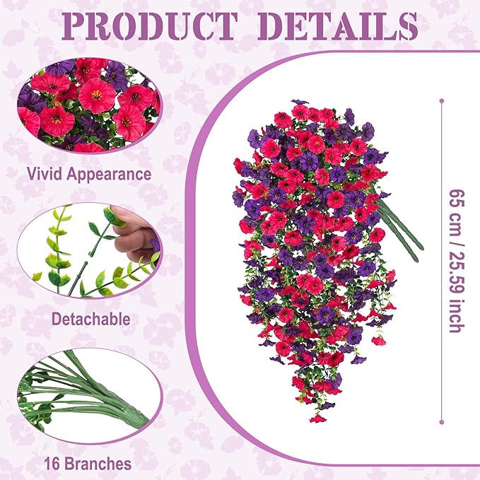 Artificial Hanging Flowers for Outdoor, 2pcs Fake Plants Long Vine Morning Glory Eucalyptus, Spring Summer UV Resistant Realistic Faux Greenery Indoor Outside Patio Porch Garden Decor, Rose Purple