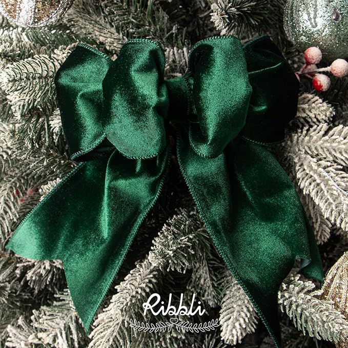 Ribbli Forest Green Velvet Wired Ribbon 4 Inch Velvet with Satin Christmas Ribbon for Gift Wrapping Christmas Tree Decoration Crafts Wreaths Supplies-Continuous 10 Yards