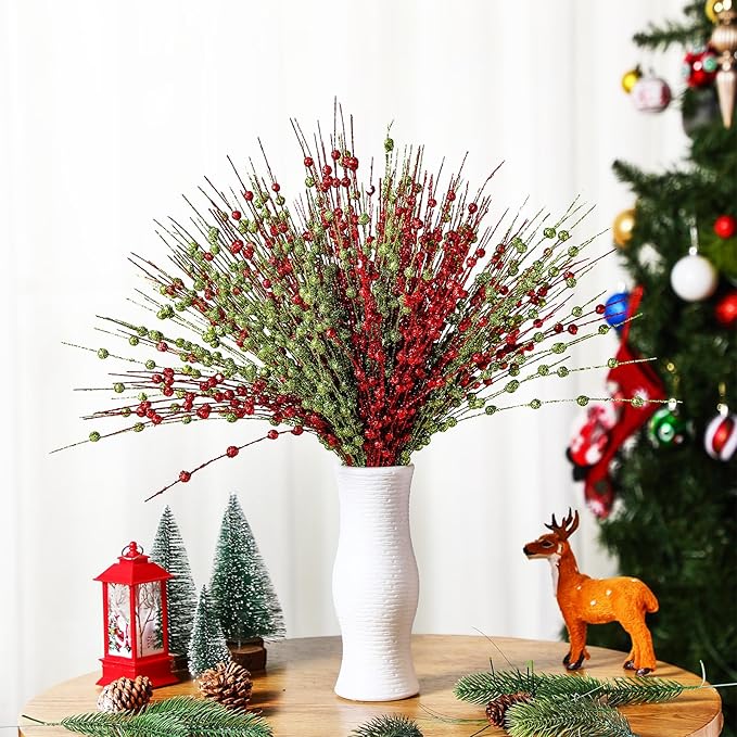Geosar 30 Pcs Christmas Artificial Glitter Berry Stem Decorations 17 Inch Faux Stick Floral Pick Centerpiece Bouquet Flower Bead Twigs for Centerpiece Tree Wreath Xmas Ornaments Home(Green and Red)