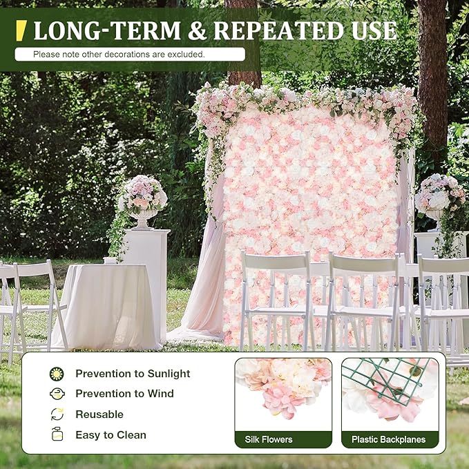 12 Pcs Artificial Flower Wall Panels, 24"x16" 3D Pink Silk Dahlia Hydrangea Rose Flowers Wall Backdrop Artificial Silk Fabric Flower Banquet Wedding Party Decor for Stage Background (Type 1)