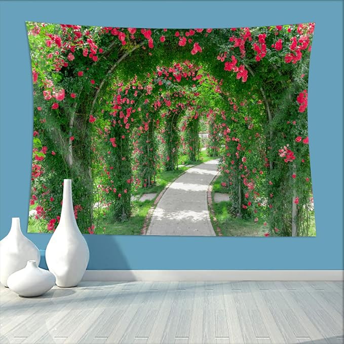 10ftx8ft Spring Flower Garden Backdrop Blossoms Flower Arch Garden Architecture Pillars Blooming Flowers Garden Road Photo Background Outdoor Wedding Portraits Photo Studio Props Wallpaper