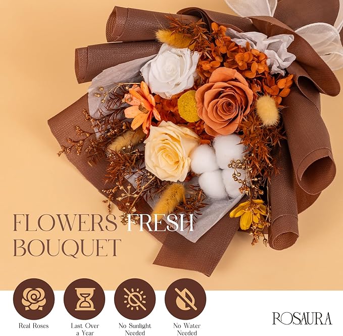 Rosaura Preserved Flowers Bouquets, Flowers for Delivery Prime, Forever Roses Bouquets Valentine's Day, Mother's Day, Christmas, Birthday Gifts (Brown)