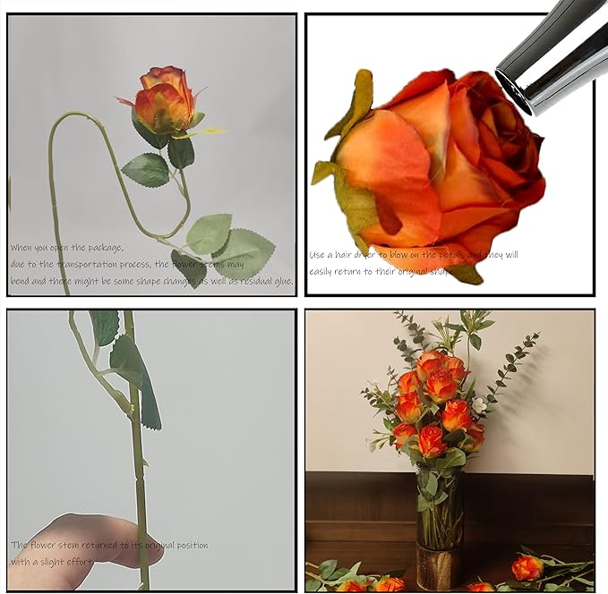 Artificial Roses 10 Pcs - Lifelike Single Stem Fake Roses with Natural Petal Texture,Fade-Resistant Silk Flowers for Wedding Decor,Home Vase Arrangements,Party Centerpieces(10, Red - Orange)