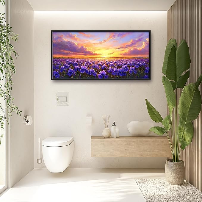Iris Field Sunset Large Wall Art Purple Flower Framed Wall Decor for Living Room Iris Pictures Oversized Canvas Print Painting Modern Extra Large Framed Artwork for Bedroom Office 60"x30"