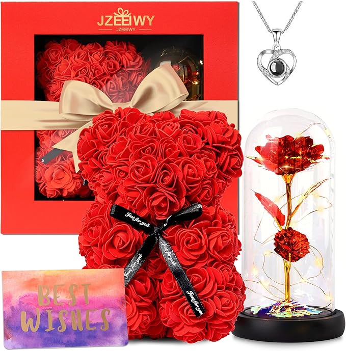 Handmade Gifts for Her Anniversary Romantic,Gorgeous Birthday Gifts Unique Preserved Roses Forever Flowers with I Love You in 100 Languages Necklace Giftsfor Wife Girlfriend Wife Mom Gifts