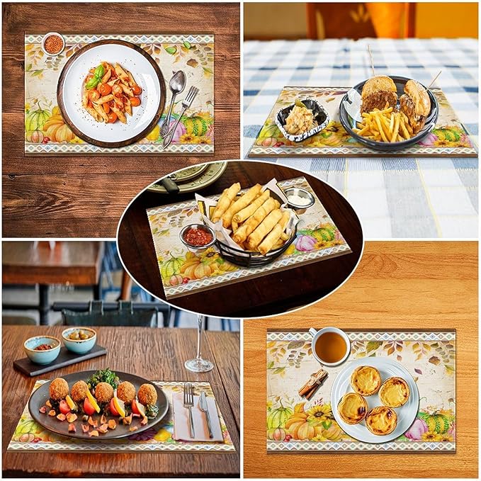 Fall Pumpkin Kitchen Placemats Vintage Rustic Farmhouse Aztec Pumpkins Maple Leaves Sunflowers Harvest Thanksgiving Placemats Table Kitchen Dining Party 12x18 Inch Set of 6