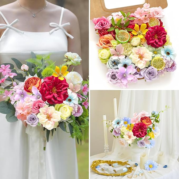 ASTRYAS Fake Artificial Flowers Combo Set Fall Silk Camellia Roses for DIY Centerpiece Arrangement Wedding Bouquet Arrangement Party Baby Shower Home Decoration(Colorful)