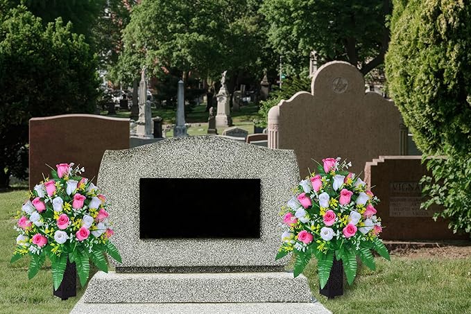 Artificial Cemetery Flowers, Gravesite Decoration Roses, Memorial Bouquets with Cemetery Vase, Vibrant and Long-Lasting Colors (Pink+White, 2 Bundles)