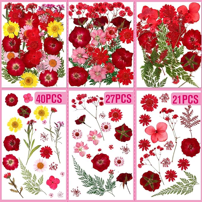 Nuanchu 167 Pcs Real Dried Pressed Flowers Natural Dried Flowers Colorful Daisy Mixed Wildflowers Leave for DIY Candle Resin Nails Jewelry Pendant Crafts Floral Art(Red,Vivid Style)