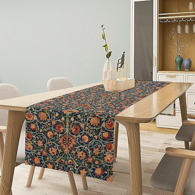 William Morris Table Runner, Boho Rustic Ethnic Flower Original Design Print Table Runner for Home Party Dining Room Kitchen Decor 13x70 Inch