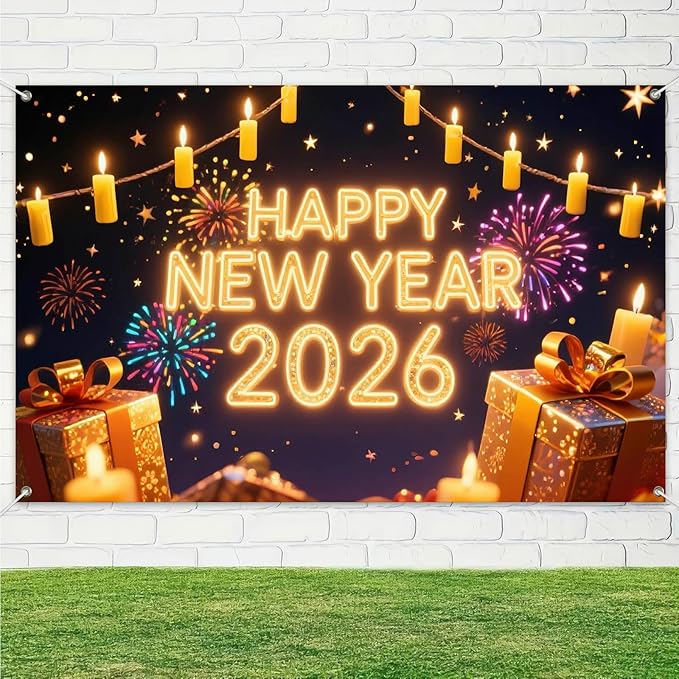 Happy New Year 2026 Backdrop 71x43 Inch Gold Light Party Banner with Fireworks and Gift Boxes for Indoor Wall Decoration Countdown Celebration and Holiday Photo Background