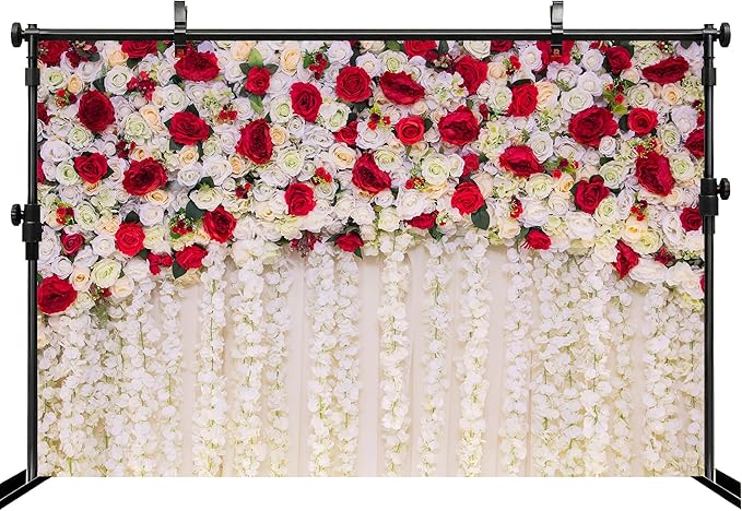 MAEQLQLM 6x4ft Wedding Flower Wall Backdrop Romantic Red White Floral Wall with Hanging Flowers Photography Background for Wedding Party Decor Bridal Shower Photo Booth Props