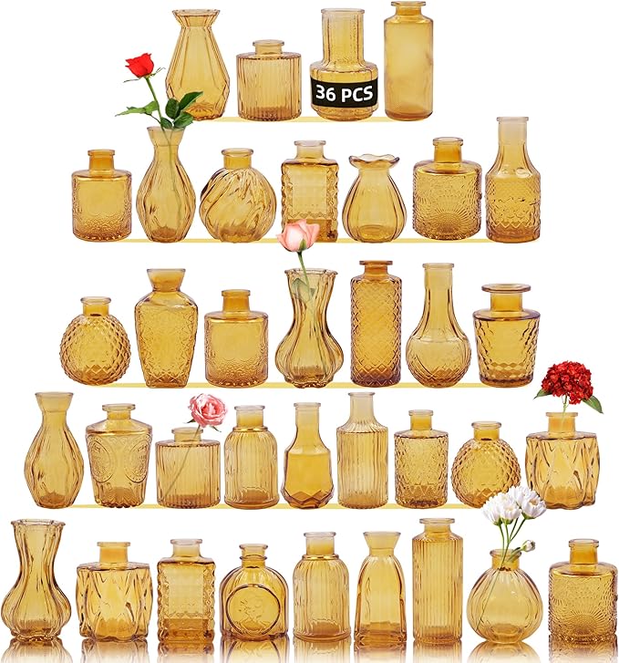 36Pcs Glass Bud Vases Set, Small Flower Vintage Vases for Centerpieces, Mini Vase in Bulk for Rustic Wedding, Party, Birthday Party, Festival Table Decorations and Home Decor, Amber