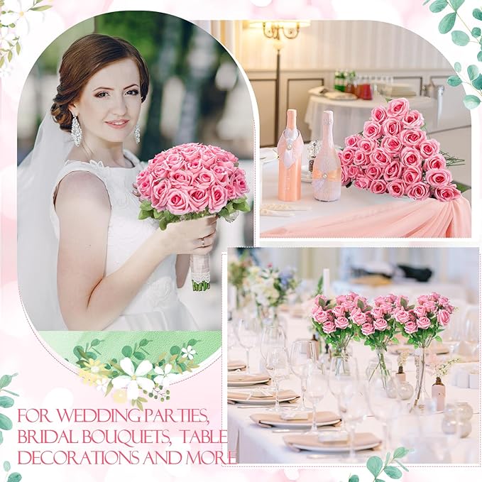Hotop 120 Pcs Roses Artificial Flowers in Bulk,Long Stem Artificial Flower Bouquet,Silk Real Touch Fake Rose for Wedding Party Table Centerpieces Decor Valentines Gifts(Bright Pink)