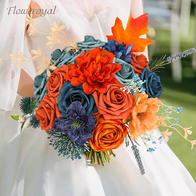 Floweroyal Artificial Flowers Combo Orange Flowers Mix Silk Flowers Dahlia Roses with Stems for DIY Wedding Bridal Bouquets, Baby Shower, Floral Arrangement, Table Centerpieces, Home Decorations.