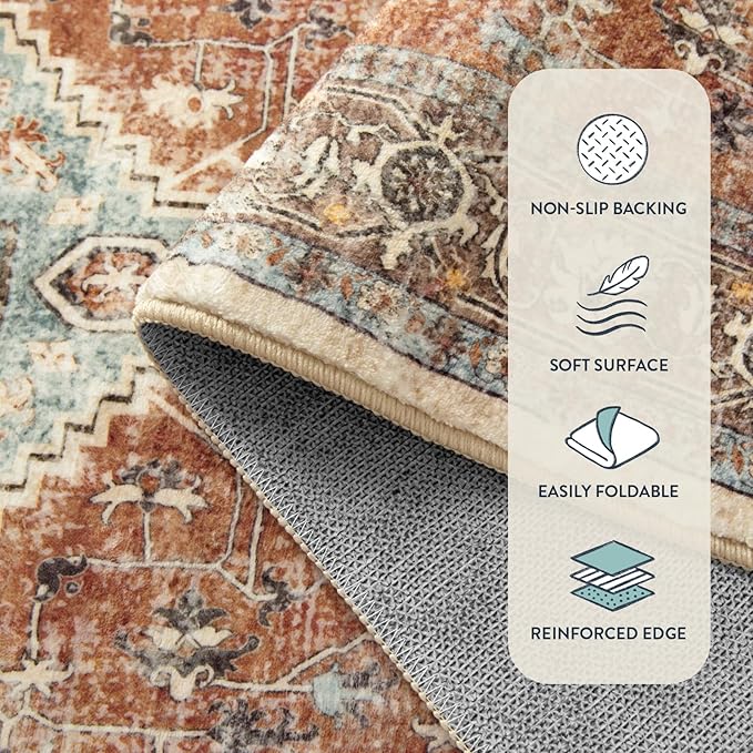 Lahome Oriental Washable Rug, 3x5 Rugs for Bedroom Living Room Entryway, Vintage Ultra-Thin Non-Slip Soft Throw Carpet for Kitchen Office Entrance, Orange/Multi